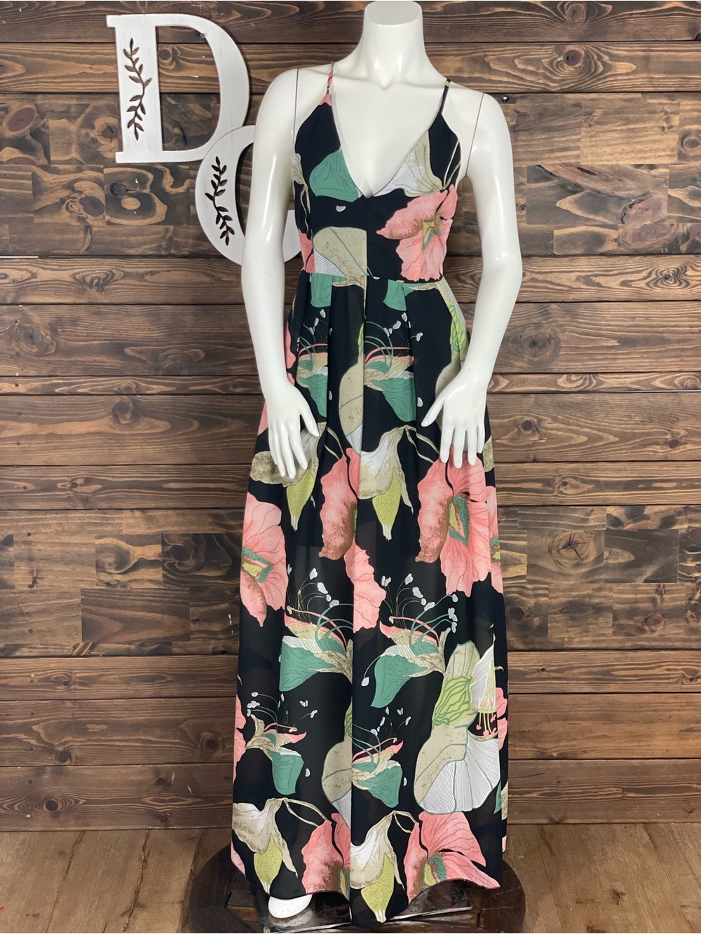 Filly Flair | Deep Plunge V-Neck Floral Maxi Dress Black and Pink Flowers